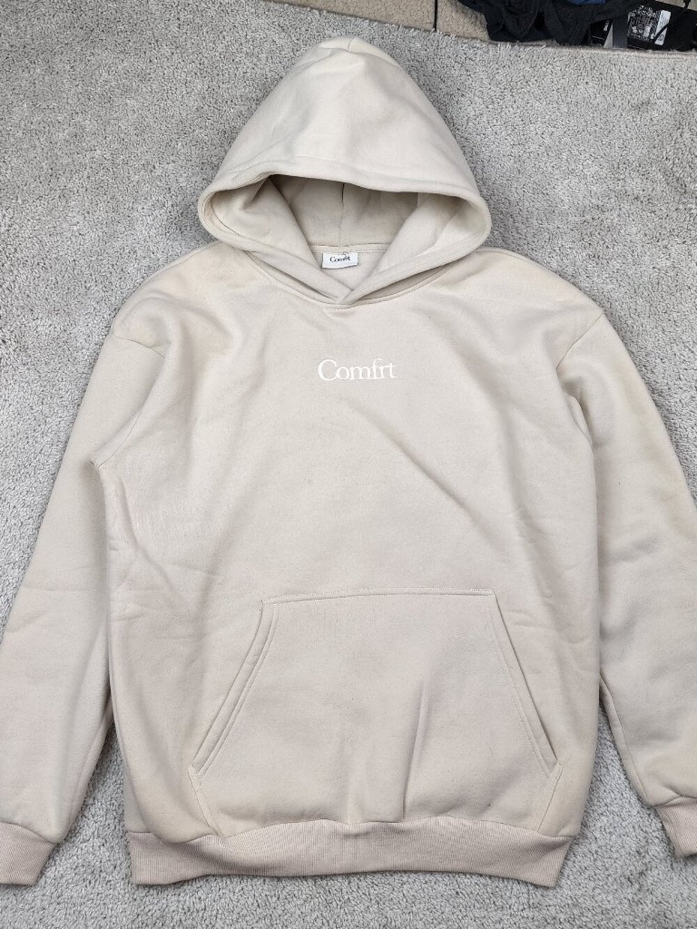 Comfrt Womens Sweat Hoodie Beige Tan Cream Size Large L Cuffed Soft USA